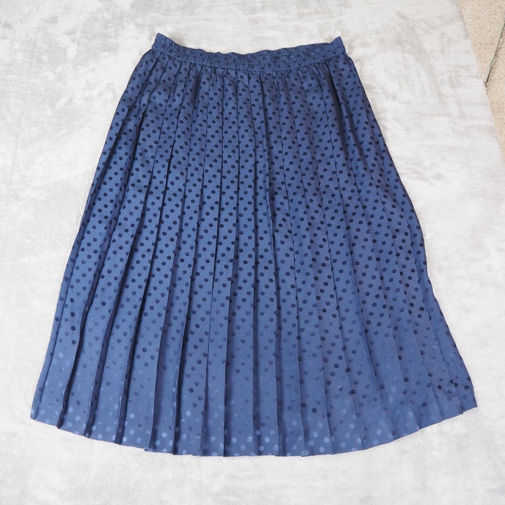 Polka Dot 100% Silk Pleated Midi Skirt Navy Women's 14 Elastic Waist Classic